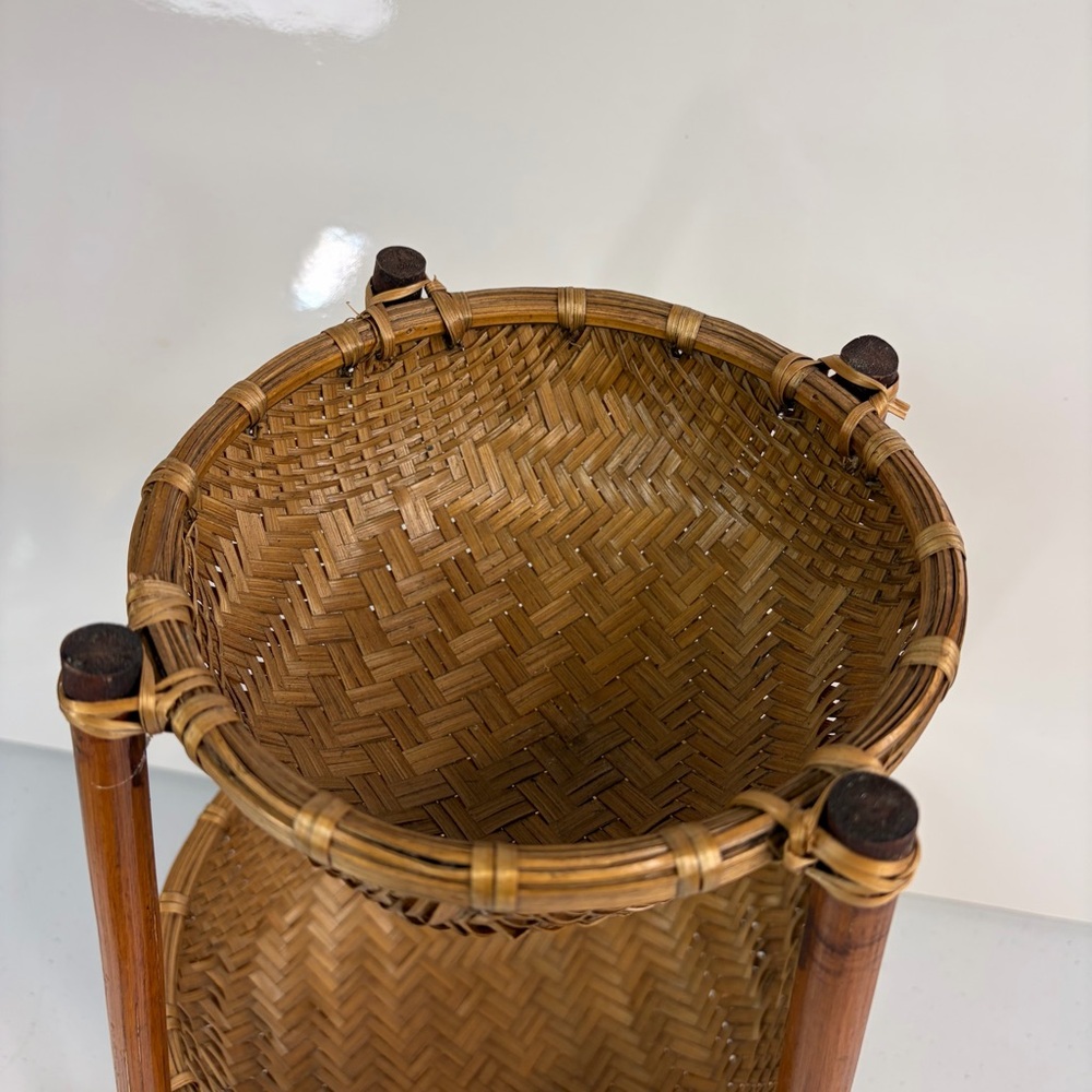 Vintage Rattan 2 Tier Trinket Stand Woven Wicker Tiered Pedestal Basket Decor - Picture 4 of 8